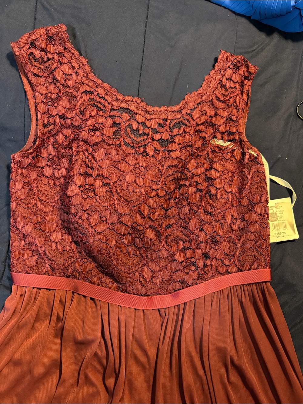 David's Bridal Burgundy Lace & Chiffon A-Line Dress
